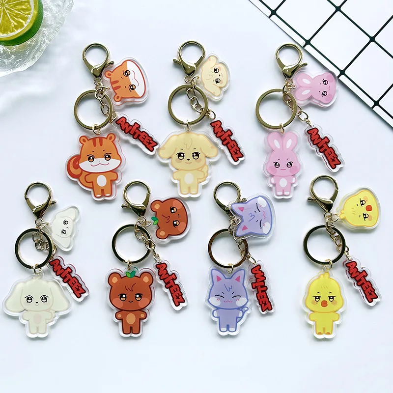 8Pcs/Set KPOP ATEEZ ANITEEZ Cute Cartoon Acrylic Keychains Jongho San Hongjoong Two Sides Printed Keyring Bag Pendant Fans Gifts