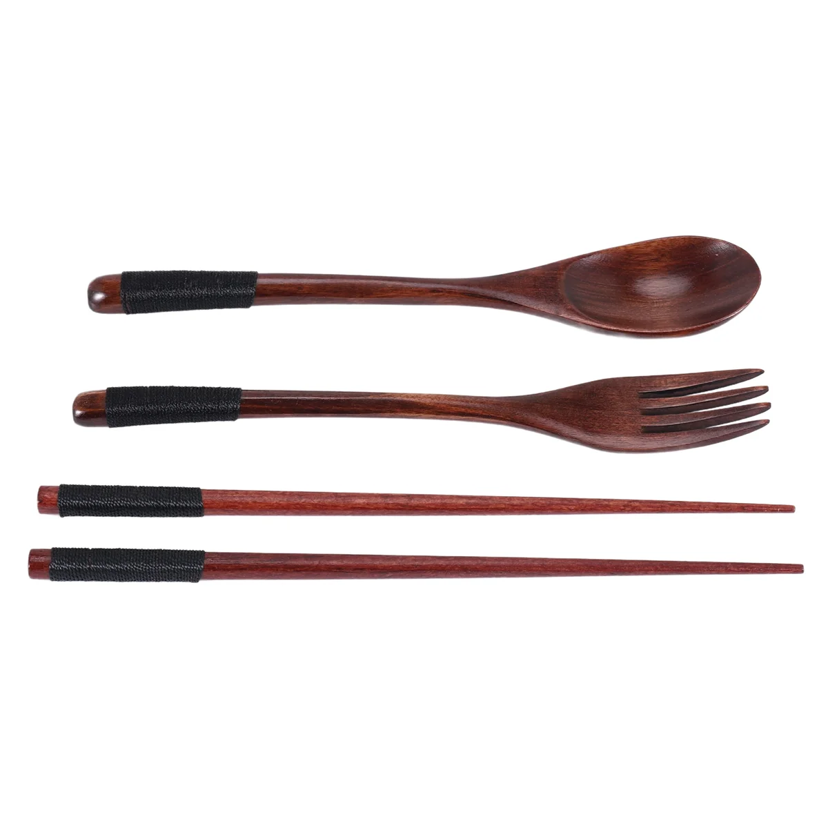 Wooden Flatware Set, Wooden Portable Set Chopsticks Spoon Fork Tableware Dinnerware with Black Twining Thread