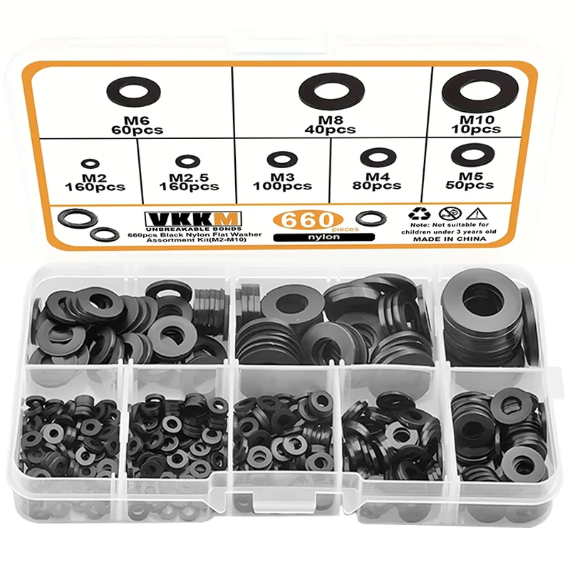 660pcs Black Nylon Flat Washer Assortment Kit: Perfect Electrical Connections for Household & Commercial Appliances (M2-M10)