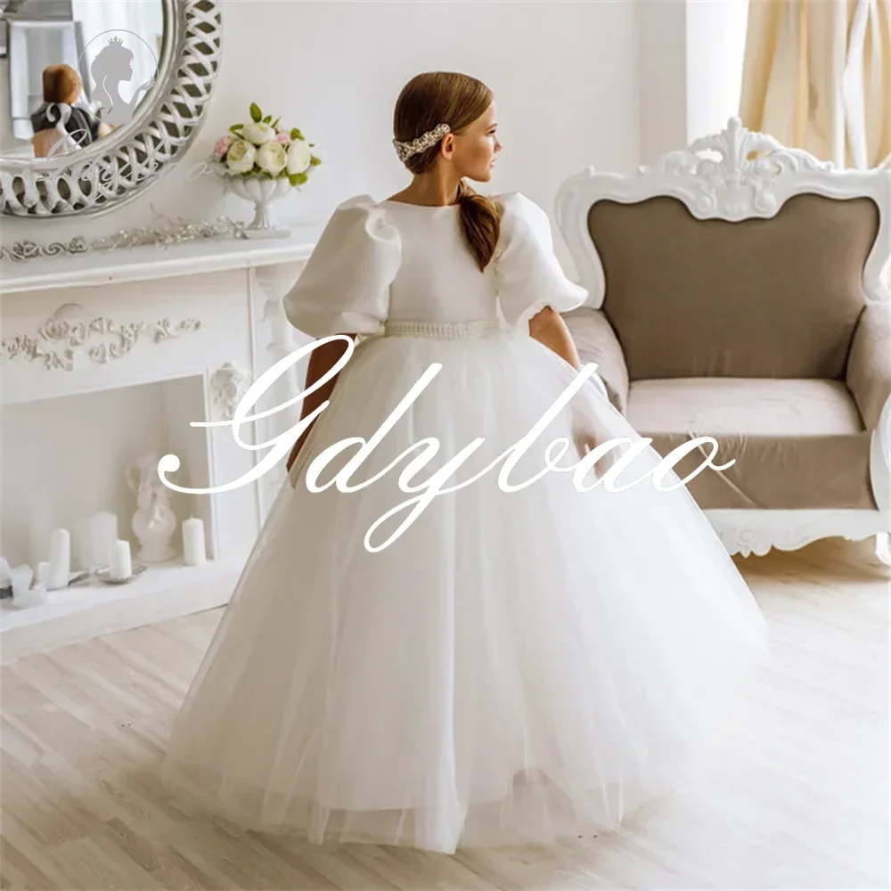 Beading Half Sleeve A Line Pleat Elegant First Communion Dress Puff Sleeve Floor Length Sweep Train Flower Girl Gown Customized