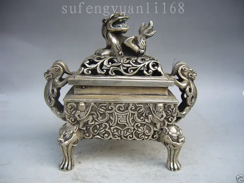 

6"Collectible Decorated Old Handwork Tibet Silver Carved Kirin censer Home decoration metal handicraft Incense burner