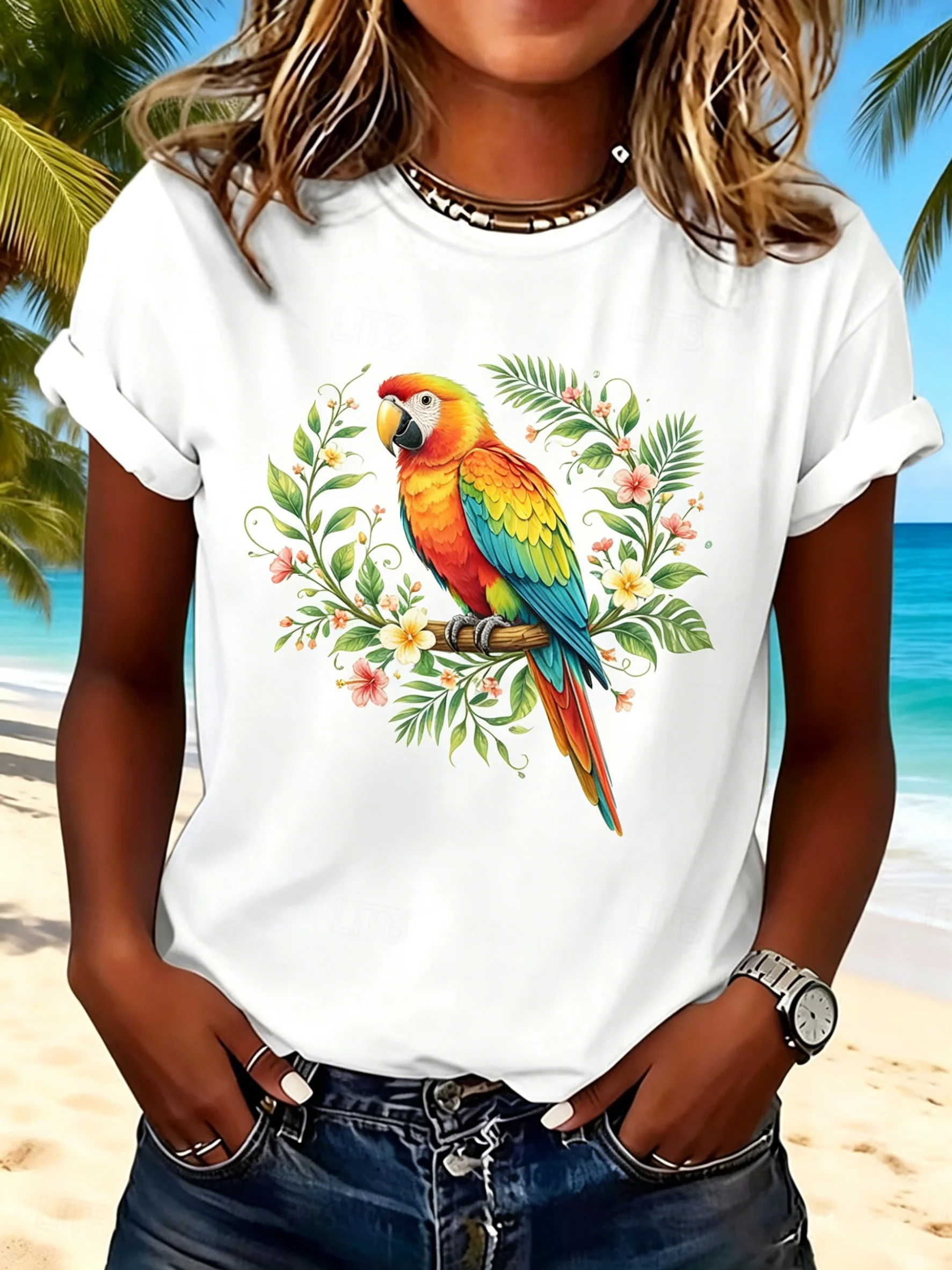 Women's Tropical Parrot Floral Print Crew Neck T-Shirt, Casual Short Sleeve Tops, Fresh Summer Daily Wear for Spring & Summer