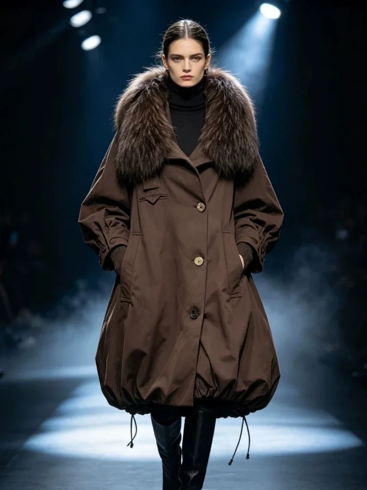 Goose Down Padding with Raccon Fur Collar and  Long and Stylish Loose-fitting Women's Winter Down Jacket Windproof Warm Overcoat