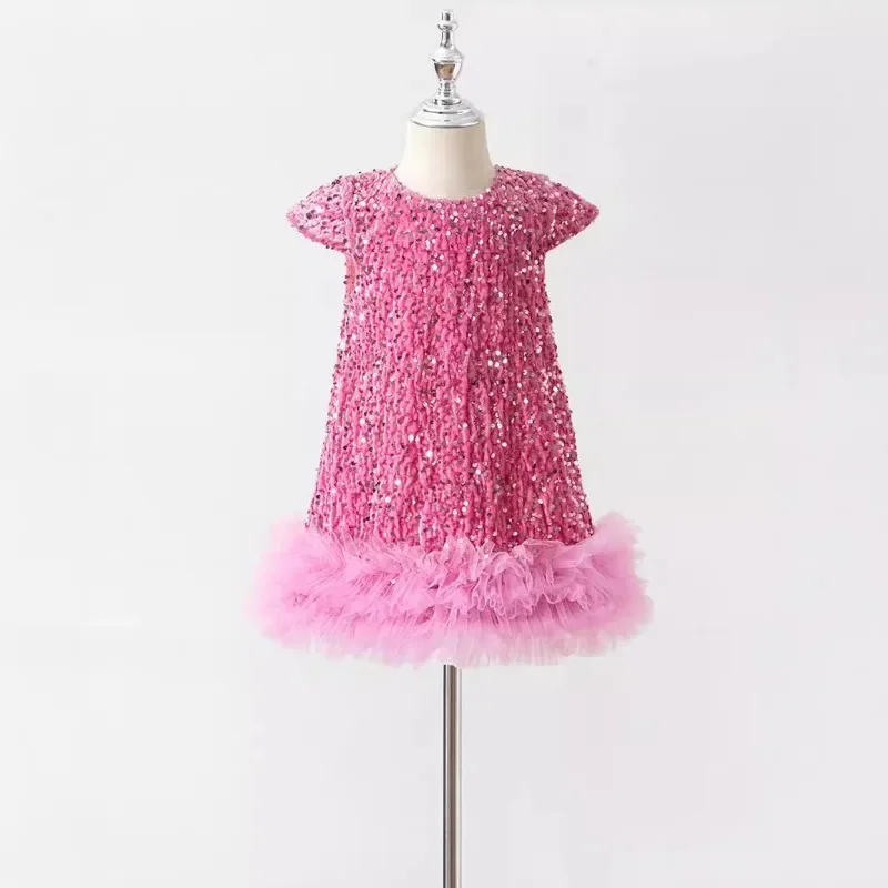 Girls Sequined Vest Party Dress Short Sleeves Children's Christmas Party Fluffy Tutu Dresses Formal Clothing New Years Costumes