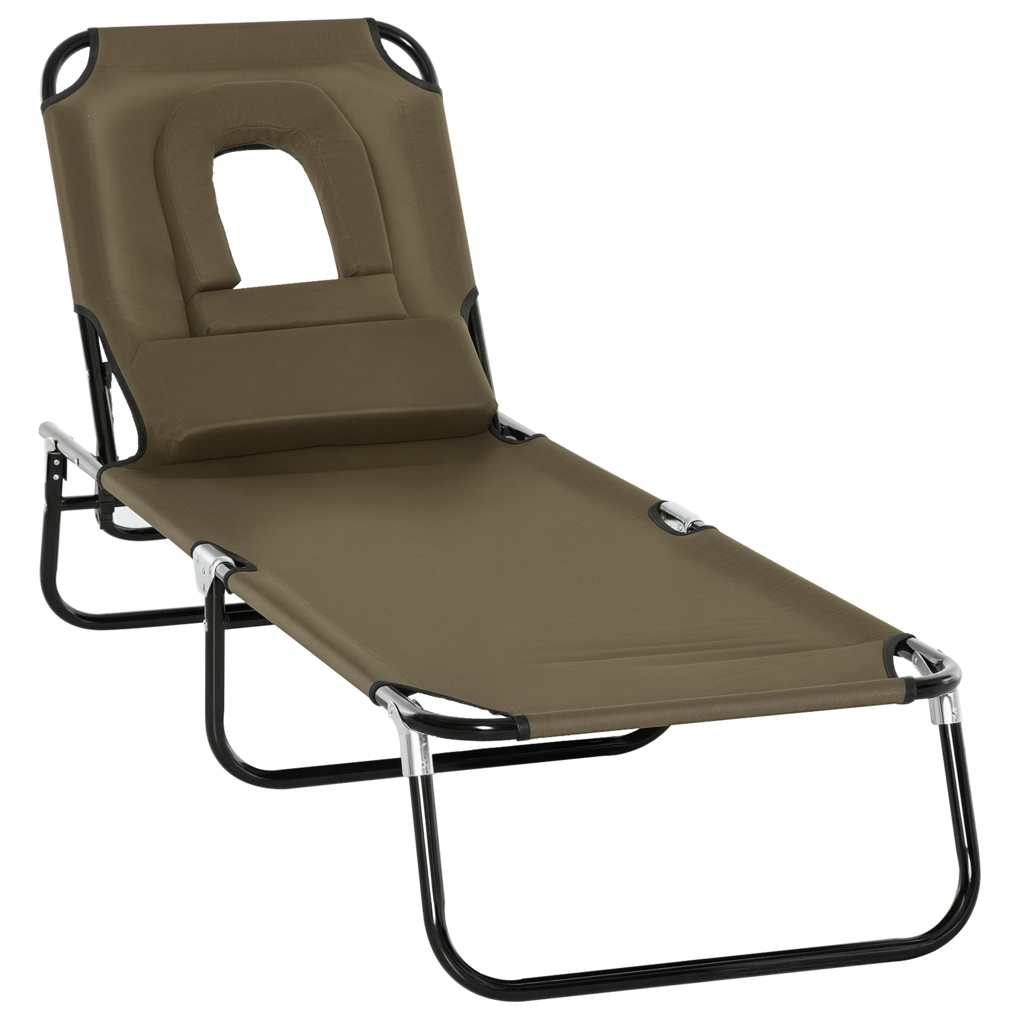 Outsunny Bain de soleil chaise longue pliante avec appuie-tête, trou de lecture, transat inclinable 4 positions en Oxford 600D, transat jardin extérieur camping piscine terrasse, 190x56x28cm, marron