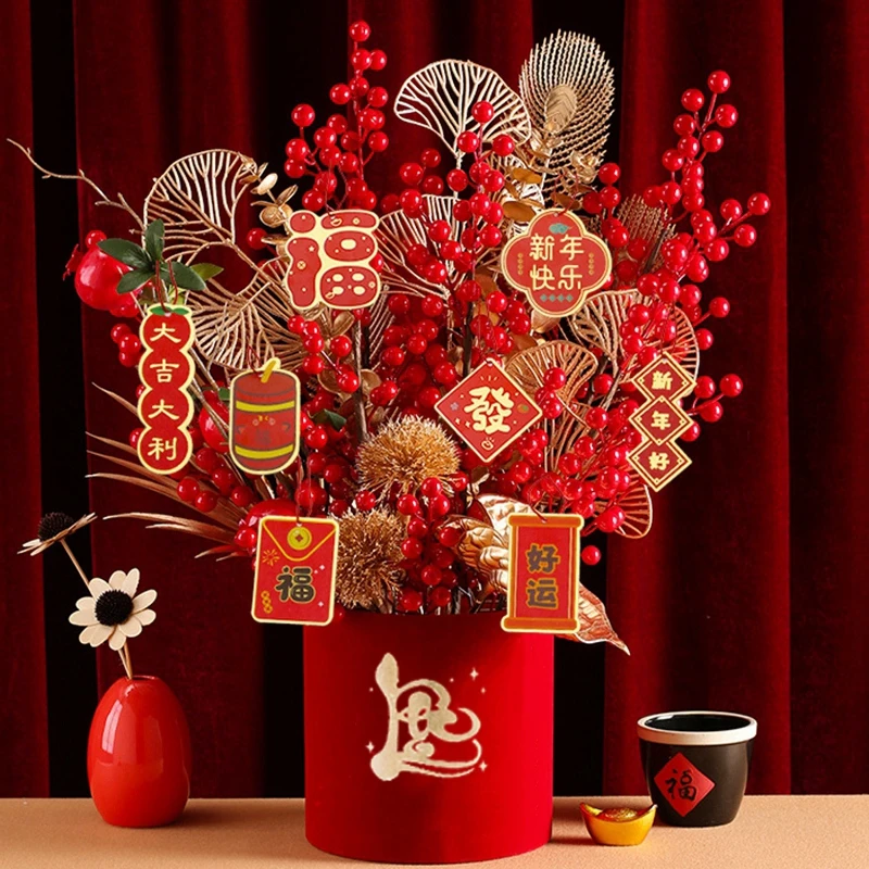 2025 Vietnamese New Year Flower Bucket Chinese Spring Festive Desktop Red Fruit Berry Pot Decor Festive Flower Bucket Decoration