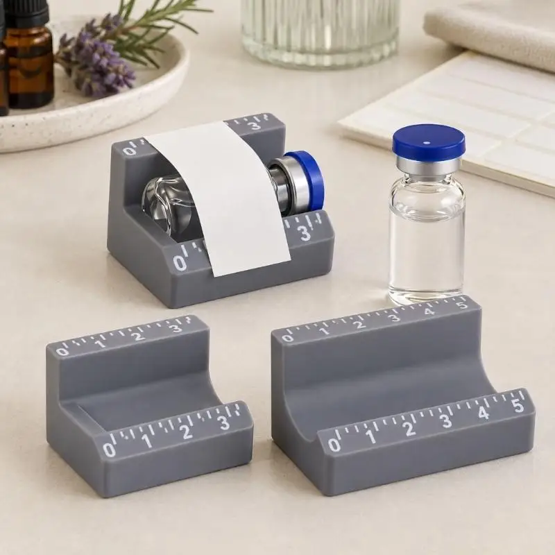 Vial Labeling Stand with Curved Support and Measuring Scale for Jar Alignment