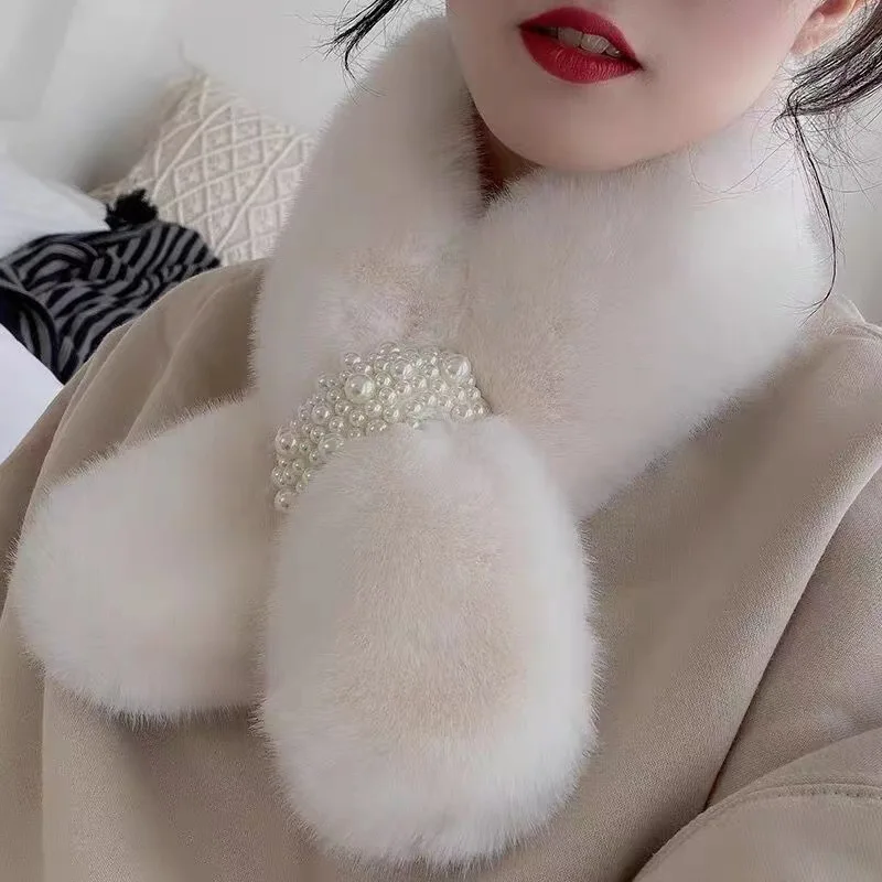 Women Winter Warm Thicken Scarfs Solid Color Pearl Faux Rabbit Fur Plush Cross Collar Scarf Shawl Elegant Warm Soft Scarf Gifts