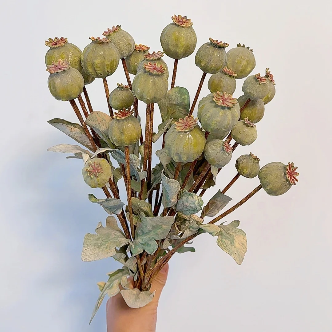 Branche longue réaliste, 4 têtes, bourgeon de fleur artificielle de pavot avec feuilles pour décoration de salon, fausses plantes d'extérieur rurales Vintage