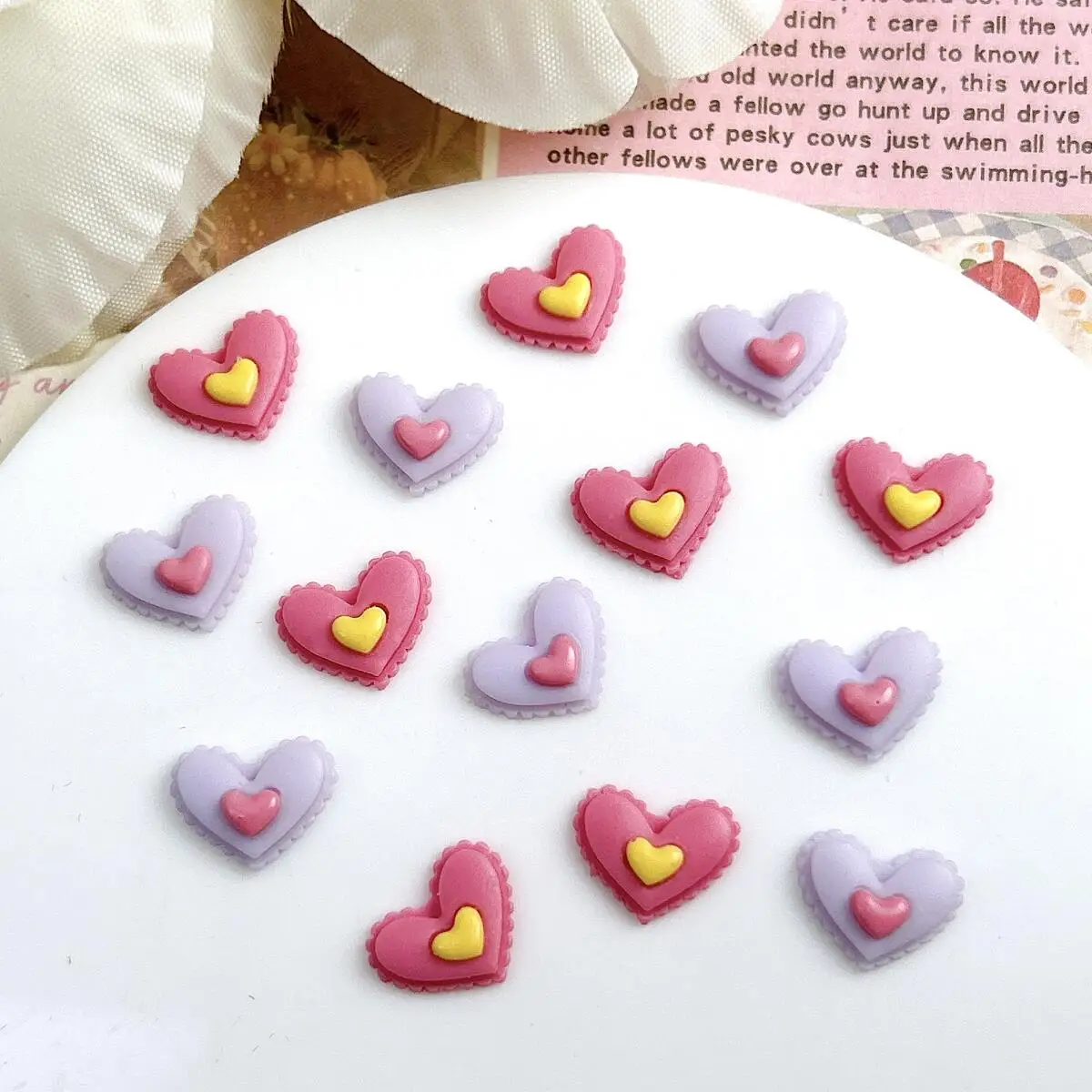 50PCS 3D New Double Layered Heart Resin Nail Charms Luminous Colorful Lace Peach Heart Nail Art Decorations DIY Nails Supplies