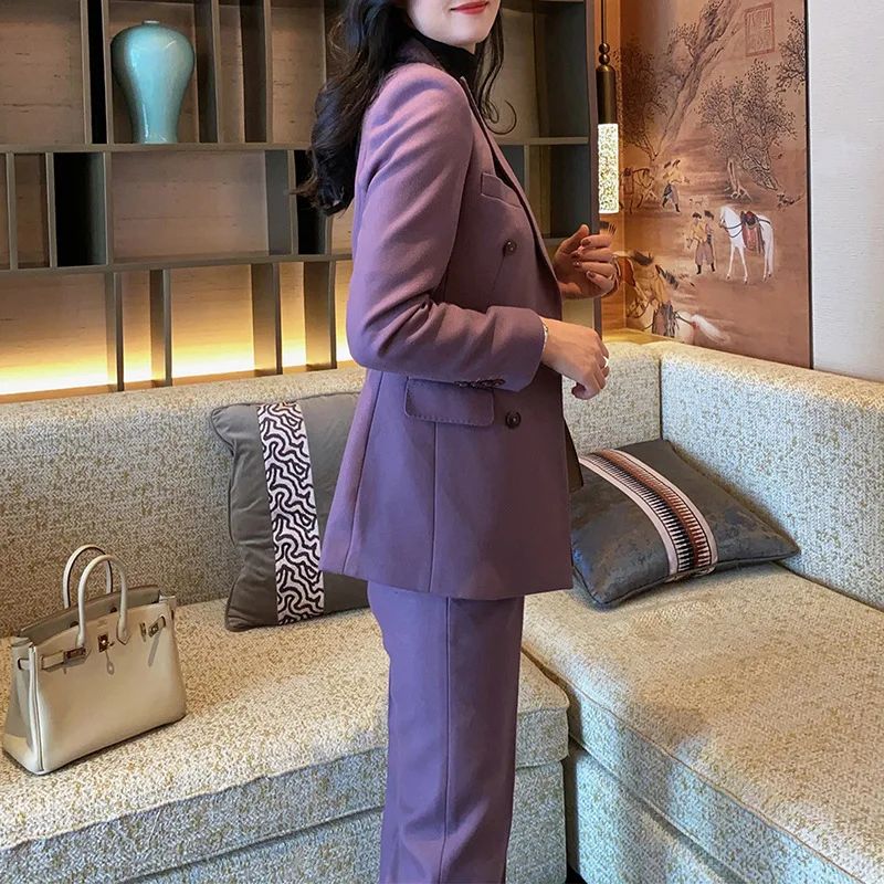 Ensemble tailleur pantalon violet Allingentle pour femme, 2 pièces, blazer croisé et pantalon, coupe ajustée, personnalisable