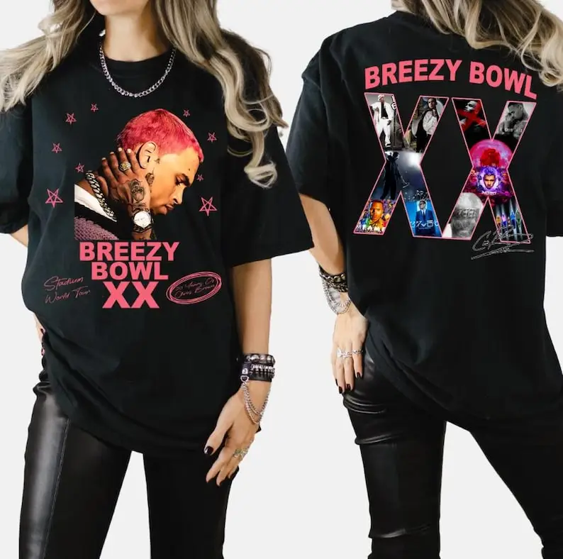 

Винтажная двухсторонняя комфортная цветная рубашка Chris Brown Tour, рубашка Breezy Bowl XX Concert Retro 2025, футболка с рисунком Chris Brown, музыка для