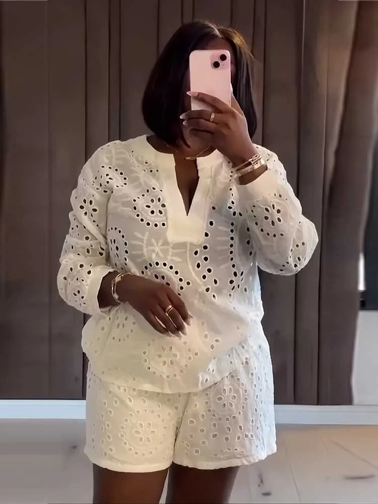 

Новый женский элегантный ажурный топ с длинными рукавами и шорты, летние наряды, белые комплекты из 2 предметов, оптовая продажа, дропшиппинг