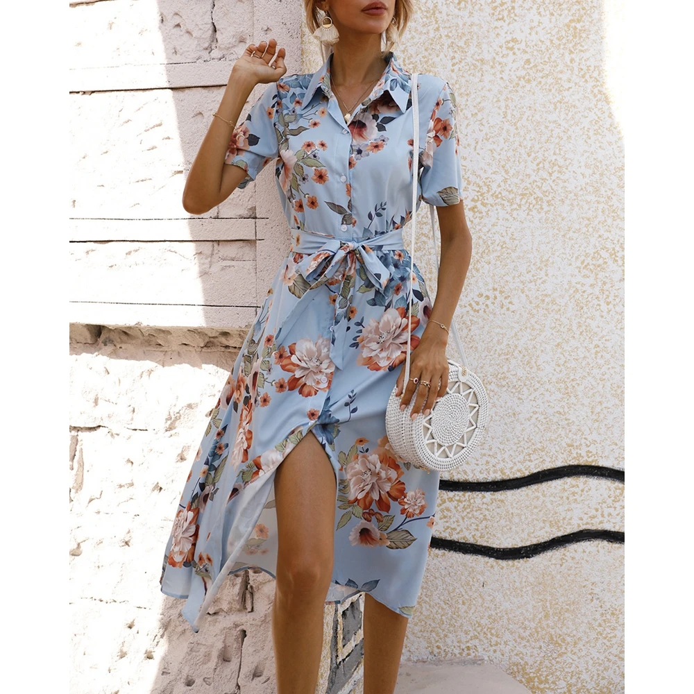 

2024 Women Floral Print Casual Buttoned Shirt Dress Summer Female Short Sleeve Midi Belted Dresses Vacation Elegant Outfits