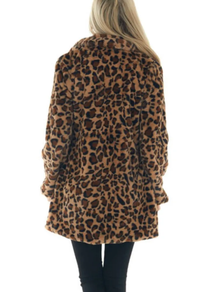 Fashion Lapel Long Sleeve Mid-length Rabbit Fur Coat For Women Autumn Winter Simple Casual Pocket Loose Leopard Coats Female