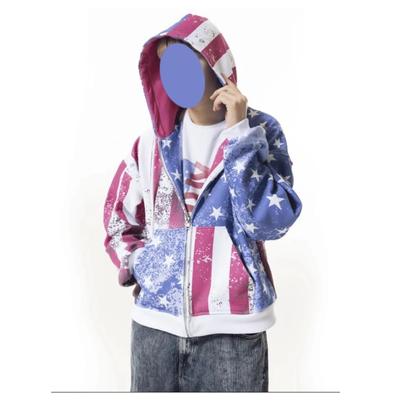 Il nuovo stile invernale 2025 della felpa con cappuccio con stampa bandiera americana con giacca con cappuccio da uomo e da donna ampia e sfumata invecchiata