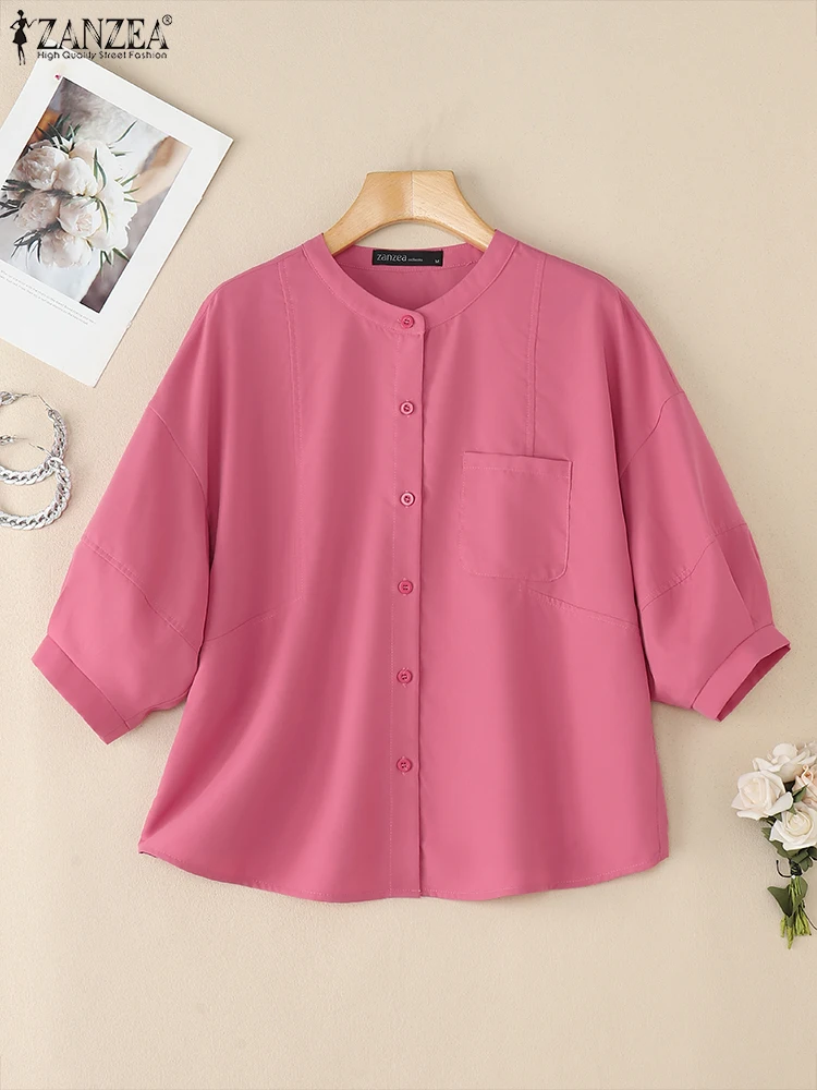 

ZANZEA Street Fashion Oversized Shirts Women Summer 3/4 Lantern Sleeve Round Neck Button Up Chemise Loose Solid Spliced Tops