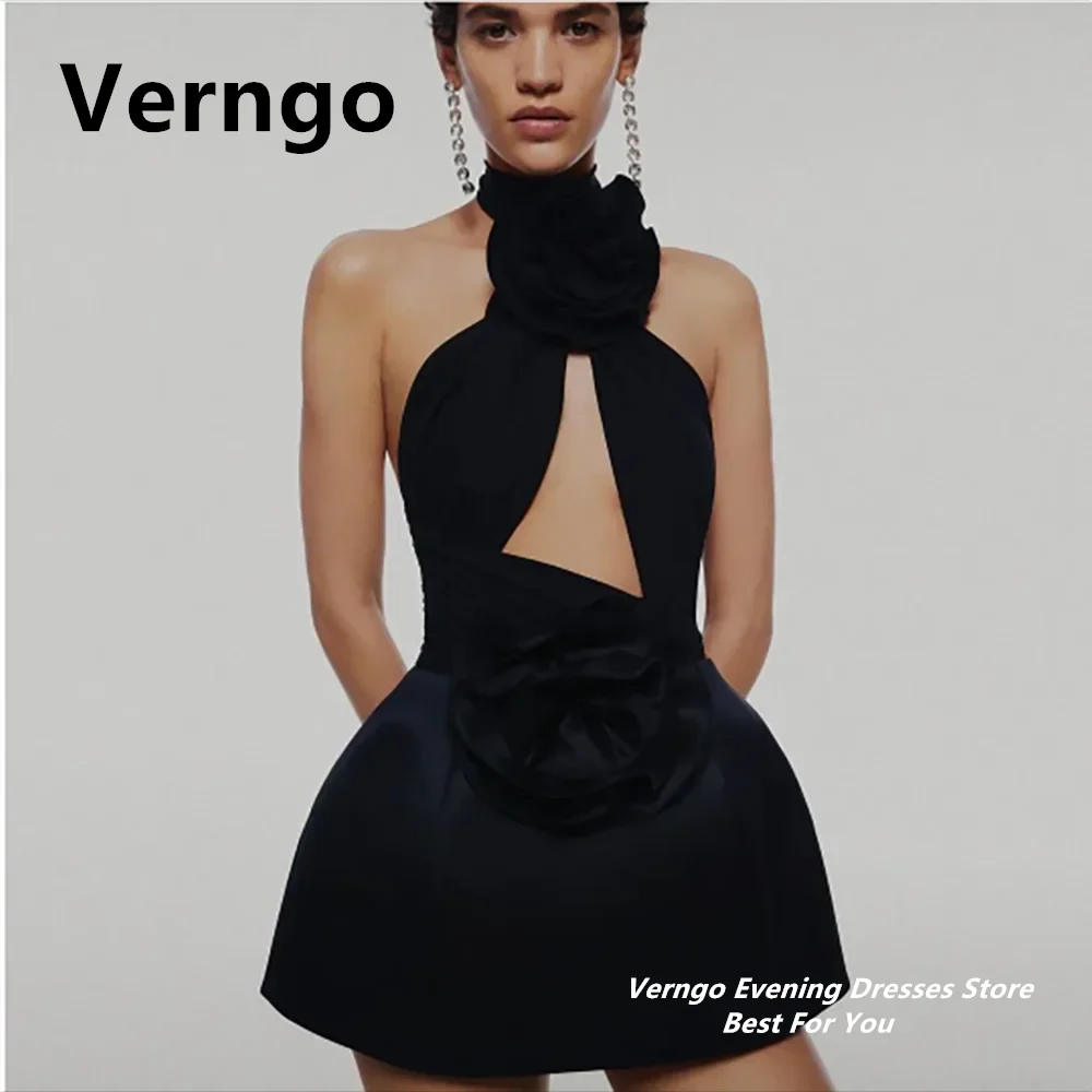 Verngo-Mini vestido de fiesta negro con flores en 3D, vestido de noche Halter, vestido de cóctel Sexy con cuello de cerradura, vestidos cortos de graduación, vestido de cumpleaños personalizado