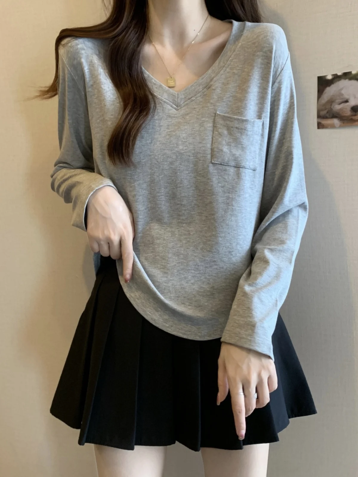 Elegant V-Neck Long Sleeve T-Shirt Base Shirt Women Early Autumn plus Size Fat MM Slimming Belly Covering Shoulder Casual ...