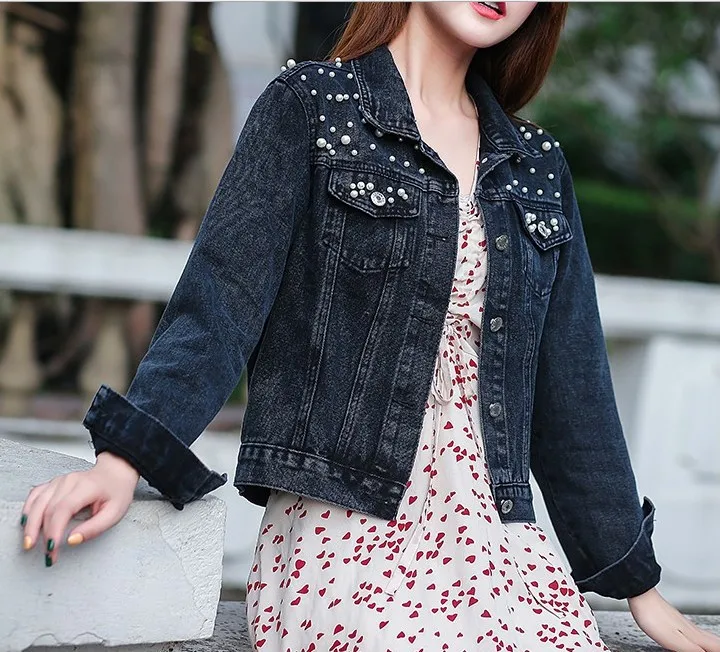 Autumn Winter New Fashionable Pearl Decoration Denim Jacket Casual Lapel Loose Long-sleeved Jacket Daily Matching Women's Jacket