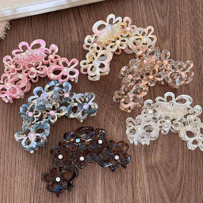 Hollow Small Flowers Hairpin Acetate Material Shark Clip Lightweight Medium Flower Cutout Rhinestone Hair Claws Hair Accessories