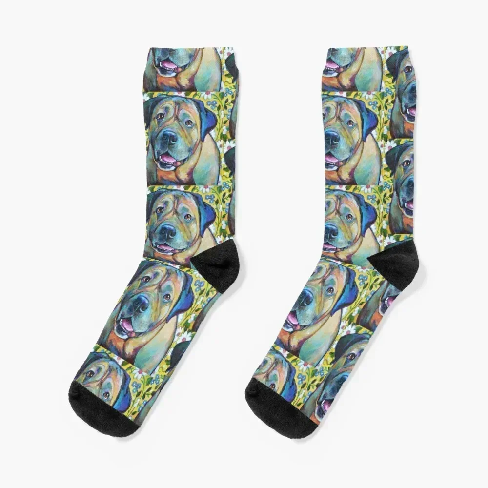 

Colorful BULL MASTIFF with Flowers Socks snow loose Climbing Women Socks Men's
