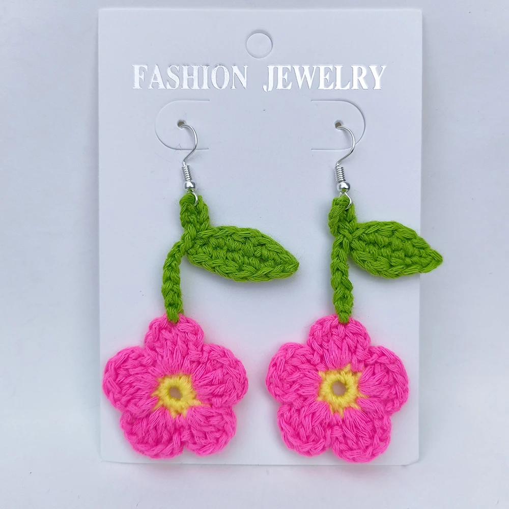 Crochet Fashion Flower Drop Earrings for Women Handmade Knitted Dangle Hooks Earrings Girls Party Holiday Jewelry Gifts