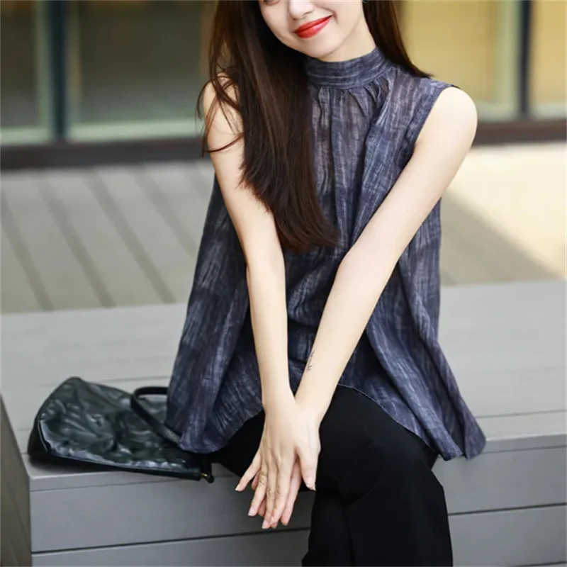 Zomer mouwloze top dames shirt blauw doorschijnende blouse zonnebrandcrème shirt vrouw kleding shirts trui opstaande kraag tee