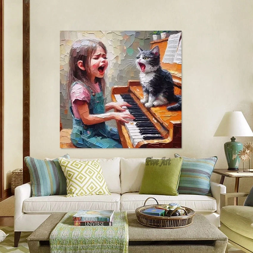 Thick Texture Little Girl Playing The Piano Canvas Handmade Oil Painting Acrylic Modern Art Wall Picture For Restaurant Unframed