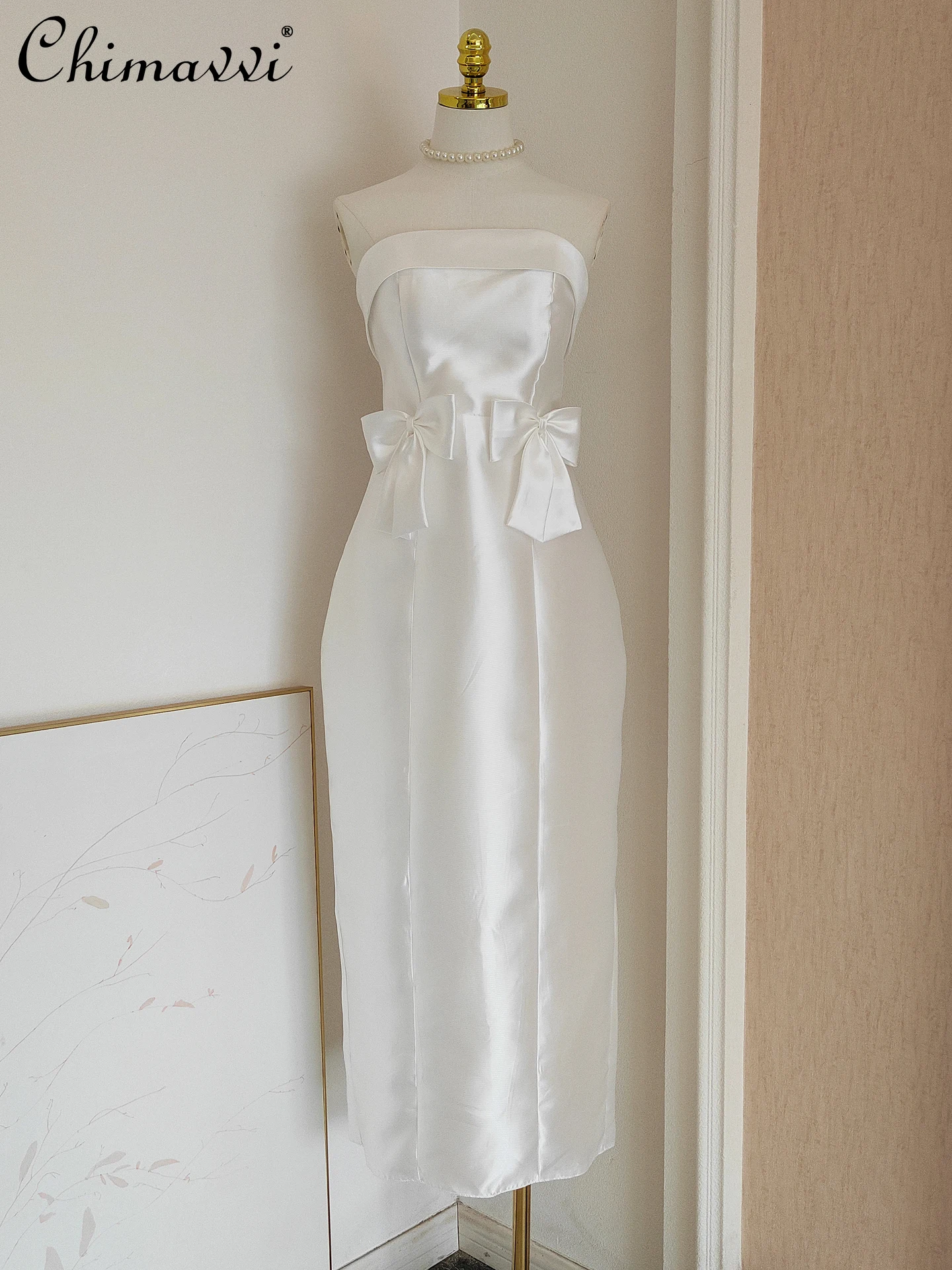 

French Elegant Temperament Strapless Evening Dresses Sleeveless Off Shoulder High Waist 3D Bow Slim Split White Long Dress Women