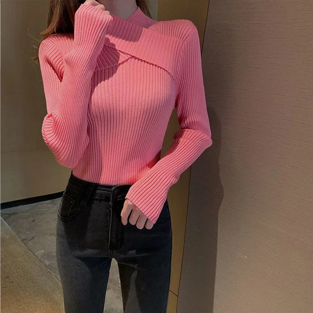 Women's Autumn Winter T-shirt Half High Neck Sweater Knitted Soft Pullover Basic Soft Sweater Vintage Solid Color Tees Version