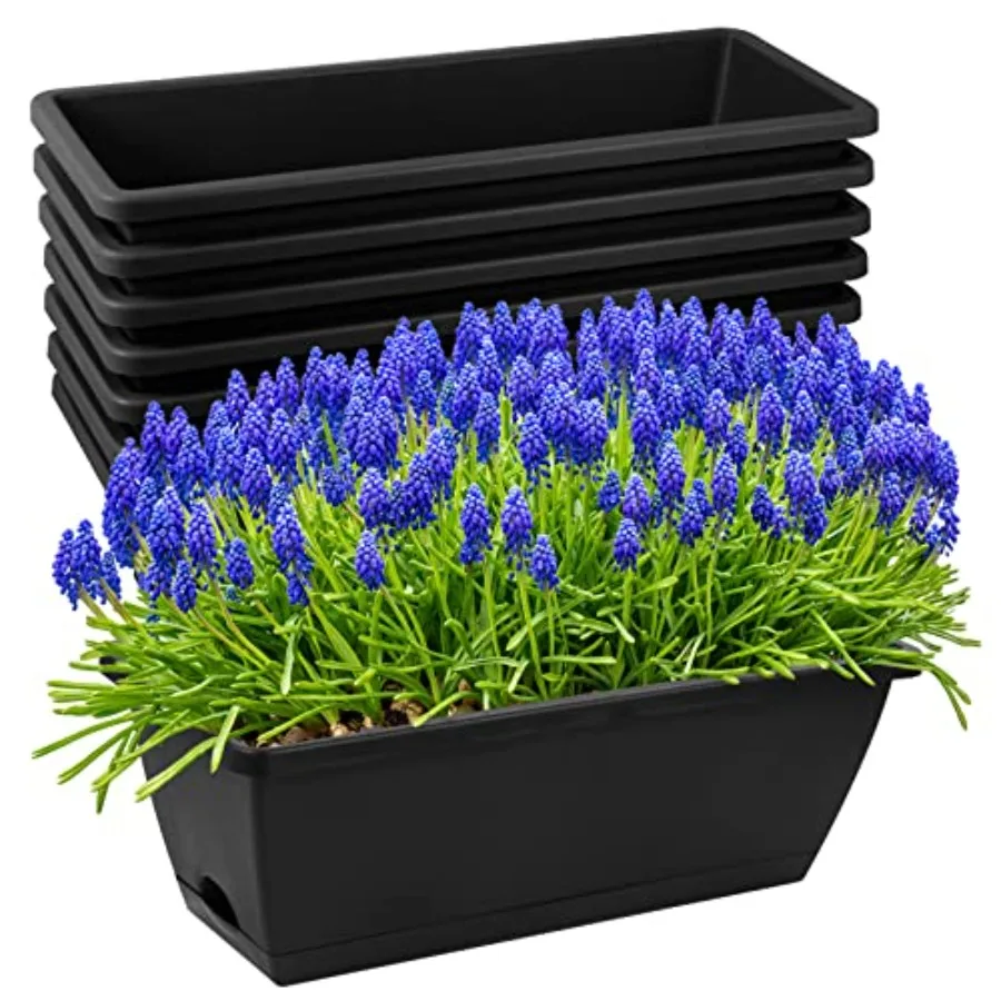 8pcs Window Box Planter, 17 Inch Flower Window Boxes, Rec Planters Box with Drainage Holes and Trays, Plastic Vegetable Planter