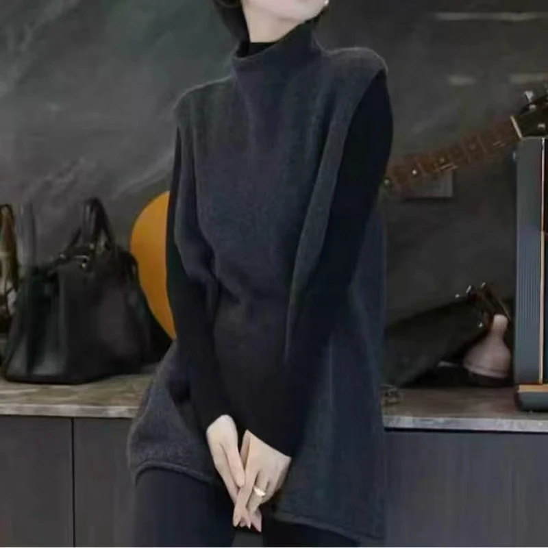 100 wool women's new high neck vest, autumn and winter knitted versatile comfortable jacket, women's pullover sleeveless sweater