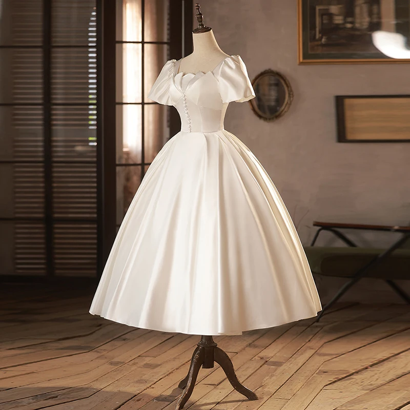 AnXin SH principessa bianco raso innamorato perline bottone una linea manica corta a sbuffo abito da sera personalizzato abitino bianco