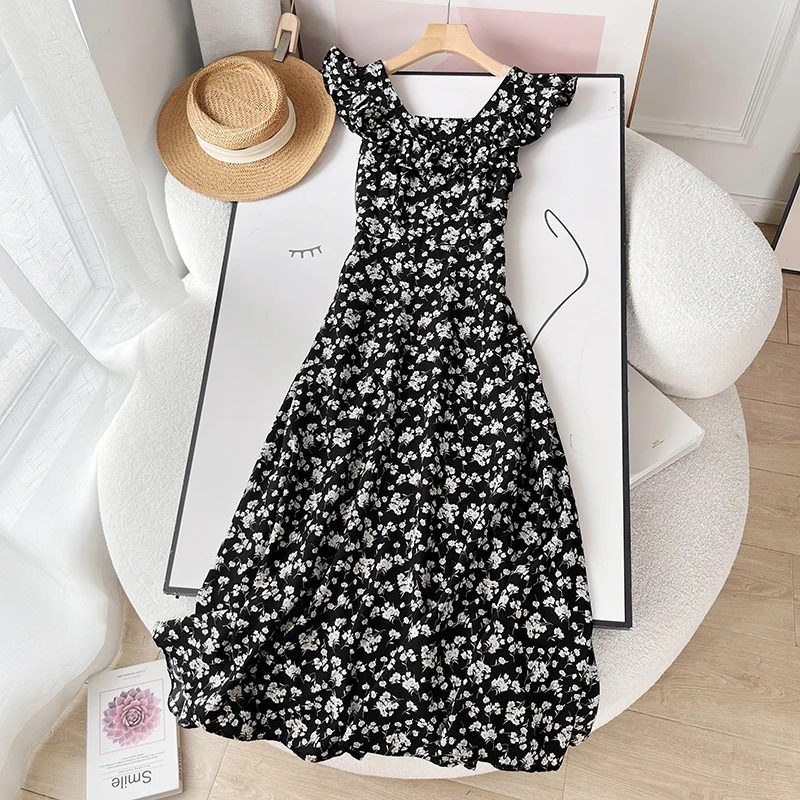 

Floral Print Maxi Dress Women's Summer 2026 Gathered Waist Small Fly Sleeve V-Neck City Commute French Style Polyester Dress
