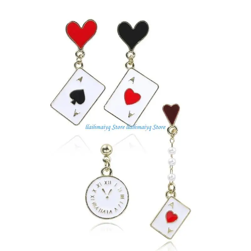 573B 2 Pairs Playing Card Alloy Earrings Unique Ear Accessories for Fashionable Women Lightweight Alloy Earwear Jewelry