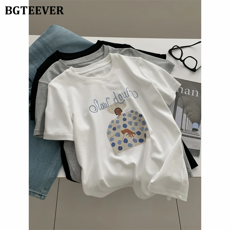 

BGTEEVER Casual Cartoon Printed T-Shirt for Women Round Neck Loose Fit Top Short-Sleeve Summer Tees 95% Cotton