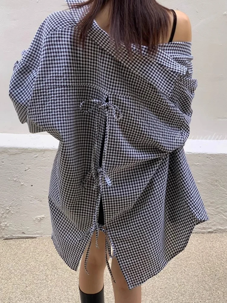 Clothland Women Sweet Plaid Loose Backless Blouse Bow Tie Lace Up Long Sleeve Shirt Stylish Oversized Tops Mujer LB163