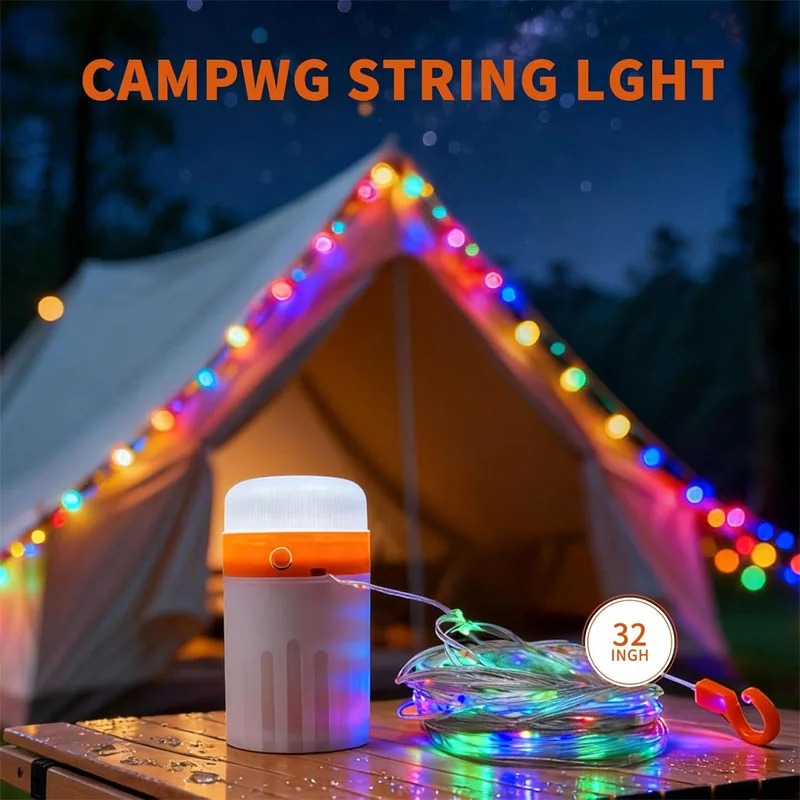 أضواء سلسلة التخييم المحمولة مقاوم للماء مصباح التخييم معلقة خيمة قابلة للشحن فانوس لزينة عيد الميلاد حفلة الفناء