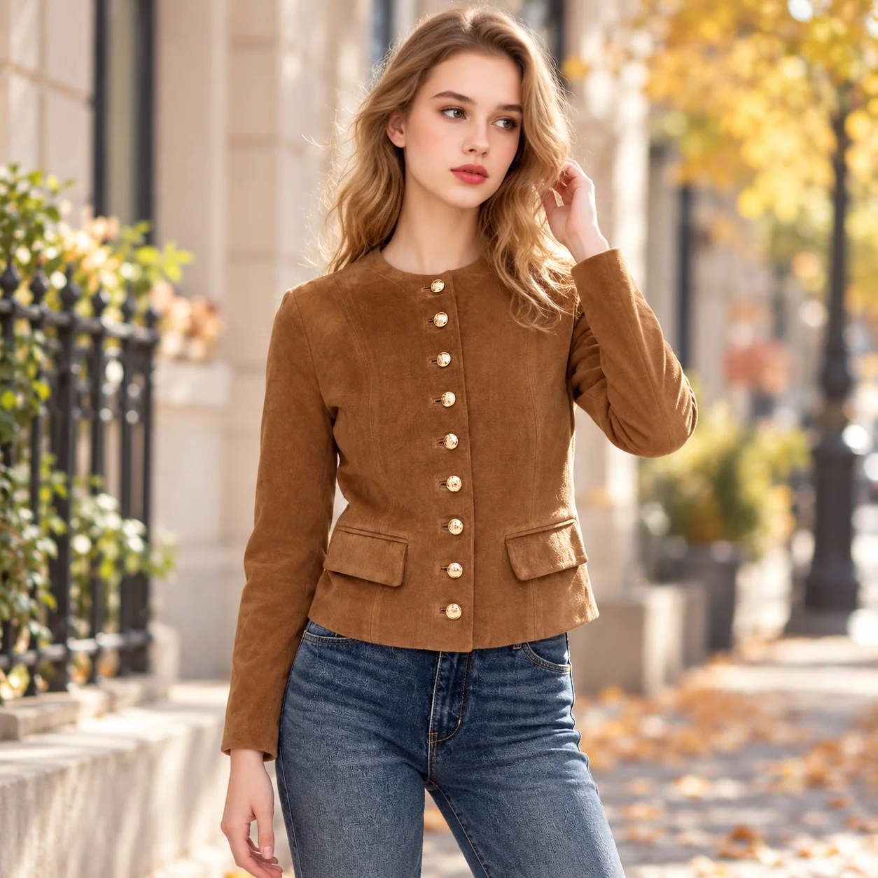 Button Front Single Breasted Top with Loose Fit Urban Style Regular Length Elegant and Refined Round Neck Women Autumn Jacket