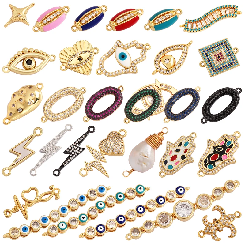 

Trendy Love Lightning Enamel Twin Hole Evil Luck Eye Hand Connector,CZ Zirconia Clasp Bracelet Necklace Components Supplies P01