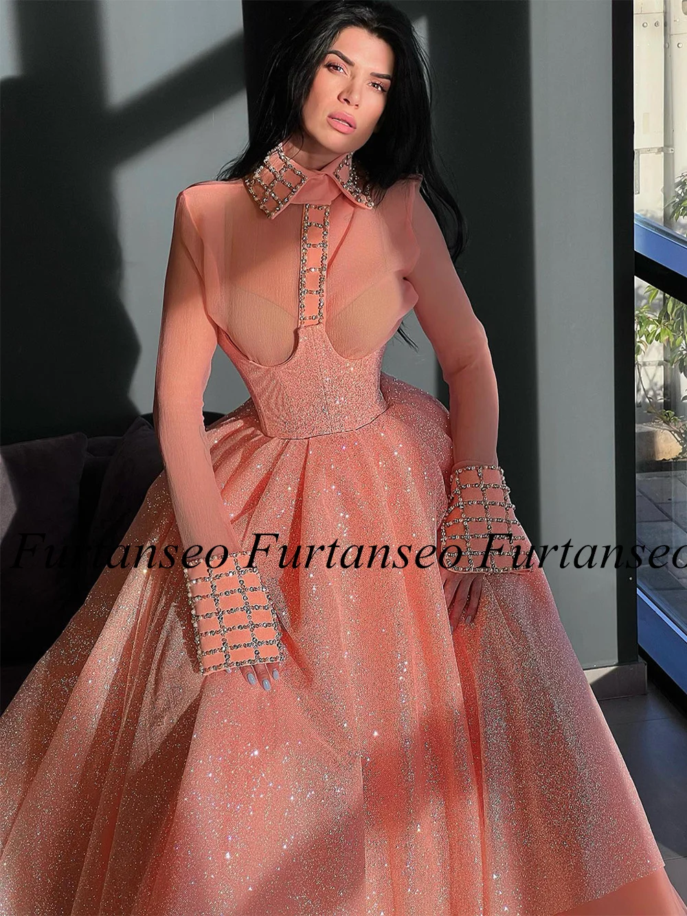 Orange Cocktail Dresses Glitter Evening Party Gown High Neck Full Sleeves Stones A Line Ankle Length Graduation Prom Dress