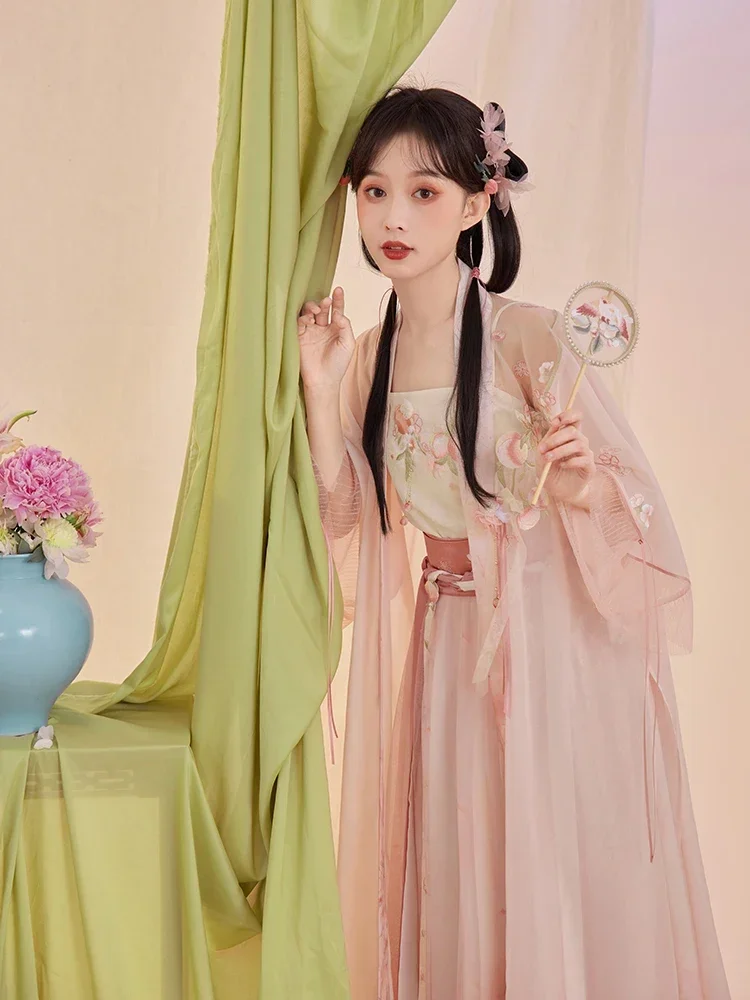 Qiyuexi setelan gaun panjang musim panas, gaun Cosplay Hanfu warna merah muda, pakaian putri peri lucu peri angin romantis