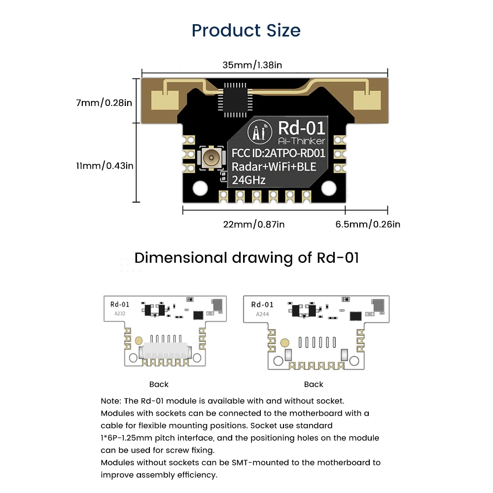 Rd-01 24g radar humano Cuerpo detección radar WiFi ble módulo onda sensor humano presencia detección tablero para la lámpara/protección de seguridad