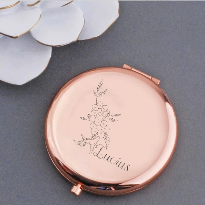 1pc Lovely Beautiful flowers Custom Text Pocket Mirror Mirror With Name Makeup Mirror Anniversary gifts