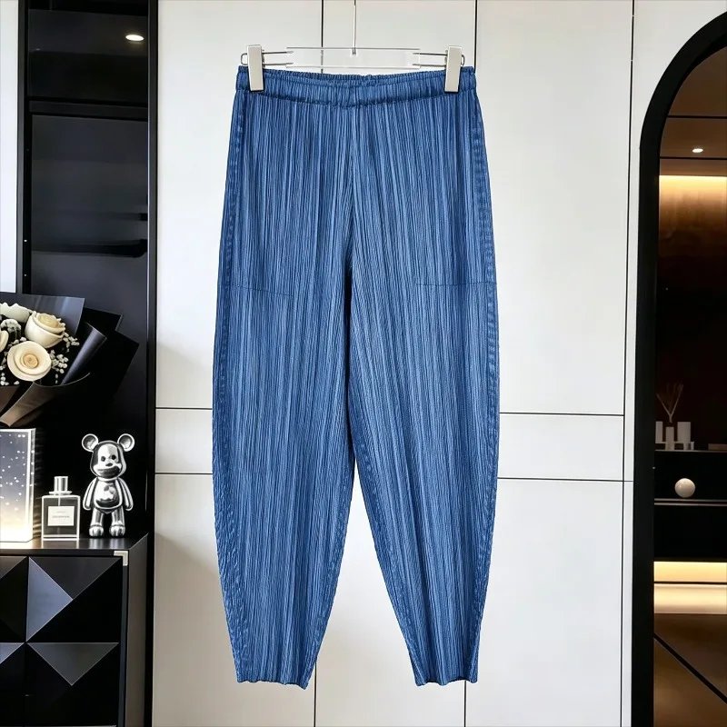 Miyake Pleated Faux Denim Print Carrot Pants 2026 Autumn New Simple Casual Fashion Elastic Women Stretch Nine-Point Harem Pants