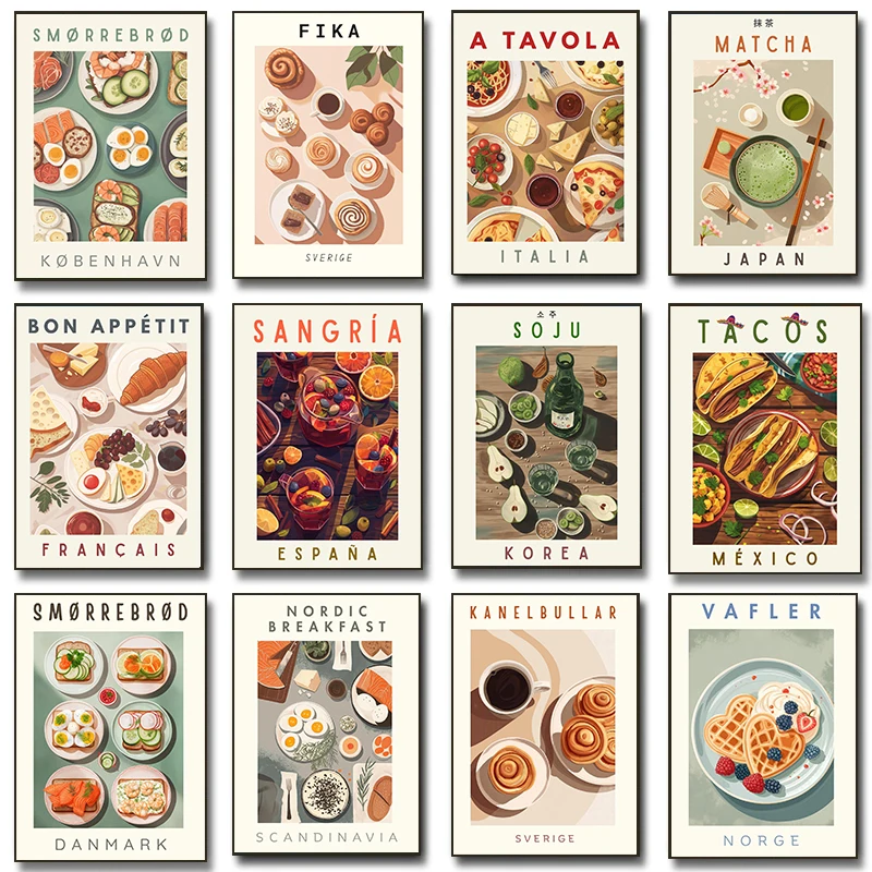 Pósteres minimalistas de desayuno, gofres noruegueses, sándwich, Soju, impresiones de bebidas coreanas, pintura en lienzo, cuadros de pared, decoración para la habitación del hogar