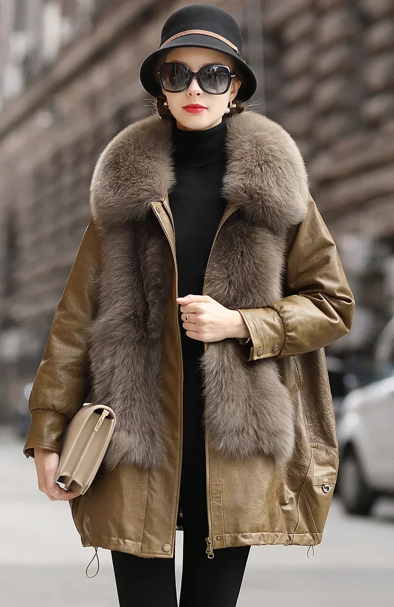 Tajiyane 2021ฤดูหนาวเป็ดสีขาวลงเสื้อแจ็คเก็ต Elegant Fox Fur Collar เสื้อหนัง Sheepskin แท้แจ็คเก็ต Casaco Feminino Gmm751