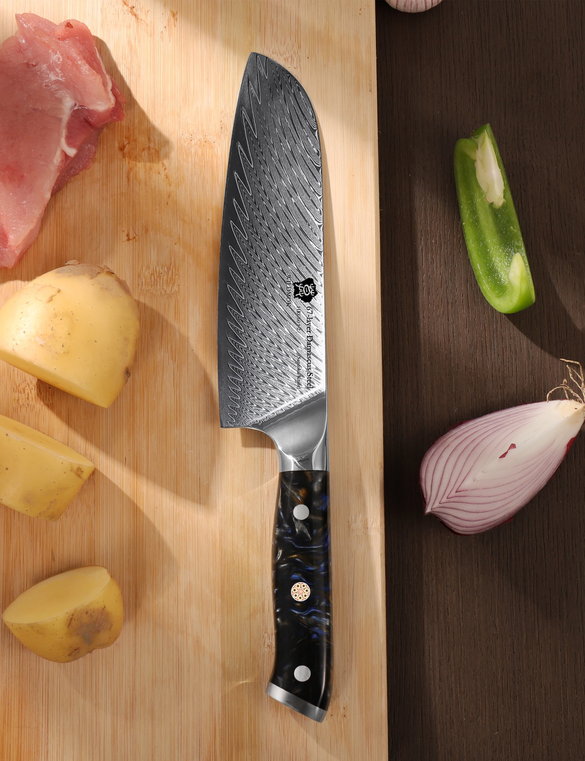 WILDMOK 7 Inch Santoku Knife Damascus VG10 Steel, Comfort Resin Handle, Great for Dicing, Slicing and Mincing Food