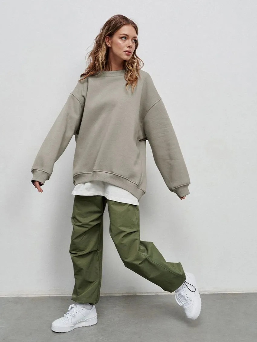 Round Neck Pullover Hoodie Mid Length Alternative Street with Loose Fit Single Regular Thickness Streetwear Women Sweatshirts